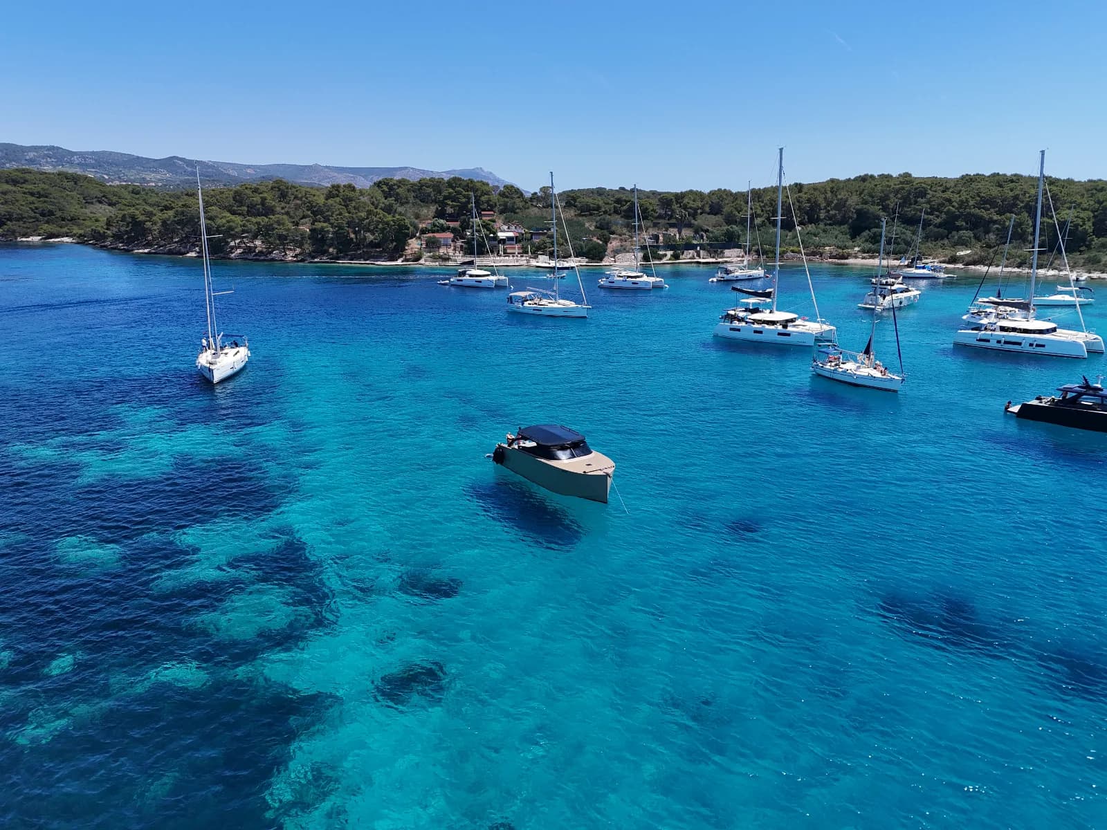 Moored among the yachts in the Pakleni Islands off Hvar