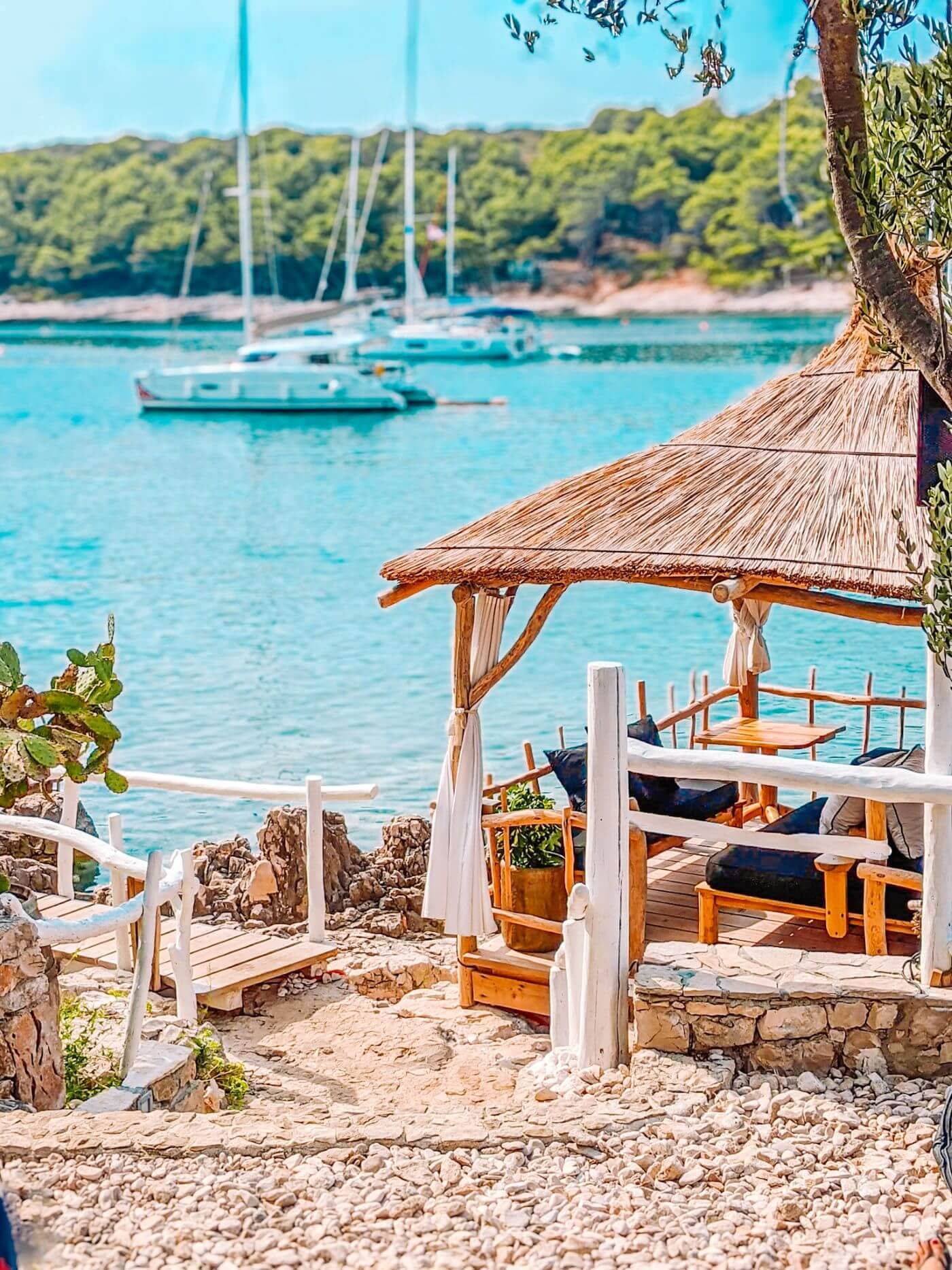 Hvar town waterfront and the Pakleni Islands archipelago seen from a private boat